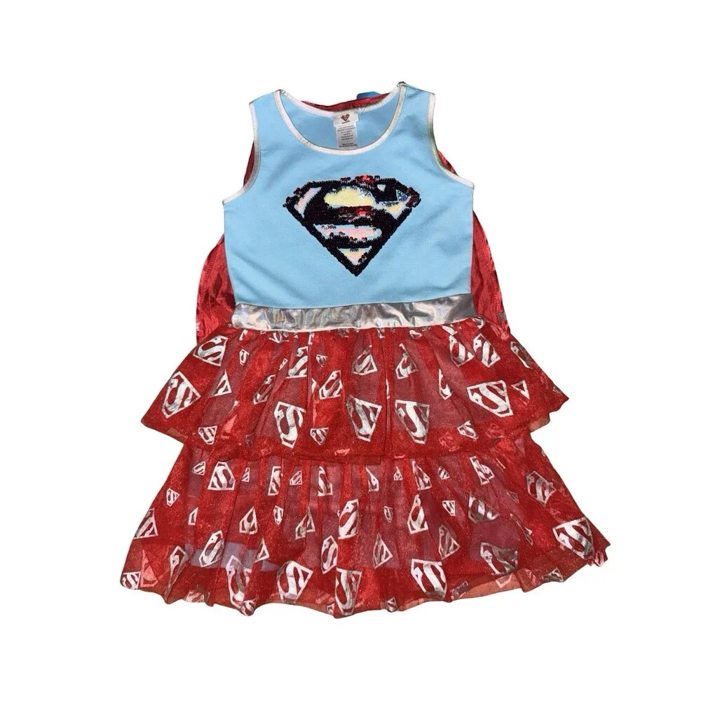 DC Supergirl Costume Dress Girls Sequin Logo Cape Red Blue Size XS New